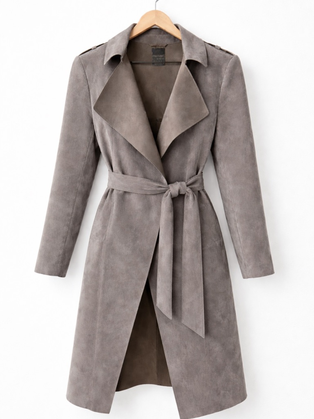 Primark Taupe Gray Waterfall Trench Coat Women US 6 Suede Feel Belted Jacket